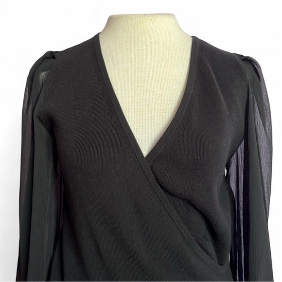 $118 French Connection Black Sheer Sleeve Wrap Blouse - Picture 4 of 7